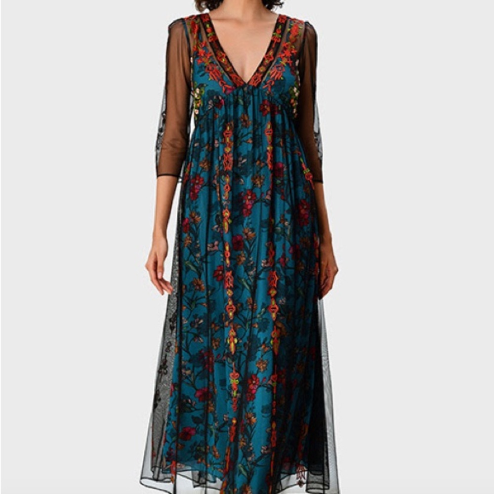 - Embellished tulle floral print georgette empire dress